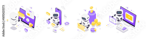 Isometric vector illustration depicting artificial intelligence robots engaged in document management, language translation, financial operations and creative media production in a digital environment
