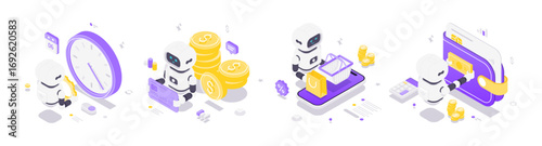 Isometric vector illustration featuring artificial intelligence robots interacting with digital finance, time management, e-commerce, and secure wallet technology in a modern isometric style.