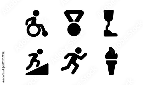 Accessible sports symbols: medal, torch, wheelchair, prosthetic, athletes running and climbing
