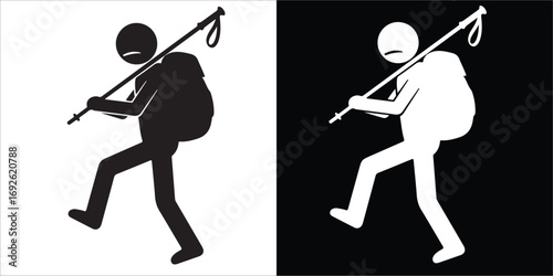 Black and White Icon of a Tired Stick Figure Hiker with Backpack and Trekking Pole