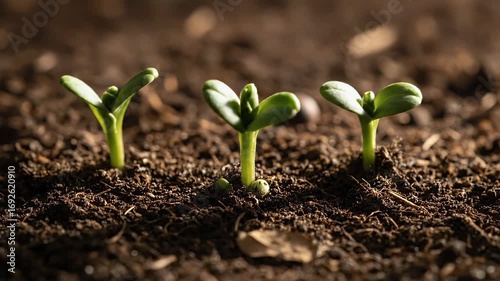 Three Green Seedlings Sprouting from Dark Soil in Sunlight - New Life & Growth Concept