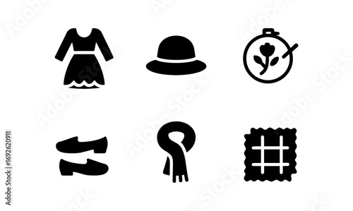 Black silhouette icons of dress, hat, embroidery, shoes, scarf, and fabric