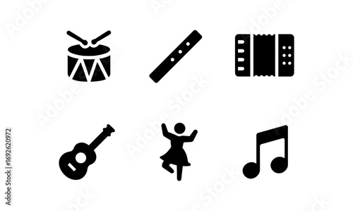Flat music icon set featuring instruments and dancing silhouettes
