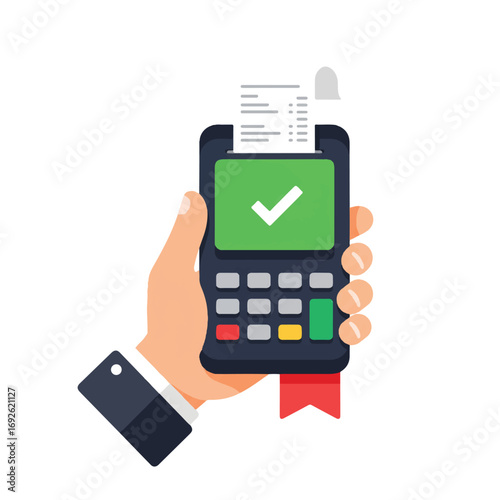 Close-up flat lay of a hand holding a vector payment terminal showing a successful transaction receipt against a white background, conveying a secure and efficient mood.