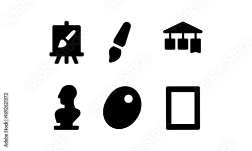 Minimalist art icons: easel, brush, gallery in bold silhouette design