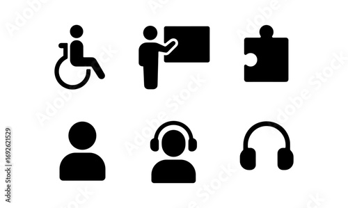 Silhouette icons: accessibility, education, puzzle, user, headphones