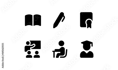 Education icons set: book, pen, certificate, teaching, learning, graduation