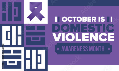 Domestic Violence Awareness Month in October. Celebrate annual in United States. Awareness purple ribbon. Day of Unity. Prevention campaign. Stop women abuse. Poster, banner and background. Vector