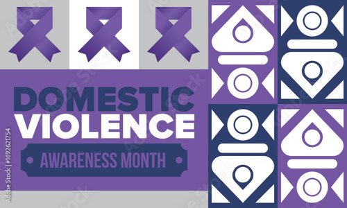 Domestic Violence Awareness Month in October. Celebrate annual in United States. Awareness purple ribbon. Day of Unity. Prevention campaign. Stop women abuse. Poster, banner and background. Vector