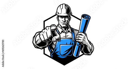 Determined construction worker in overalls and hard hat pointing forward, holding blueprints
