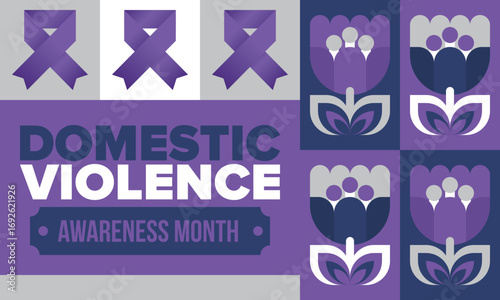 Domestic Violence Awareness Month in October. Celebrate annual in United States. Awareness purple ribbon. Day of Unity. Prevention campaign. Stop women abuse. Poster, banner and background. Vector