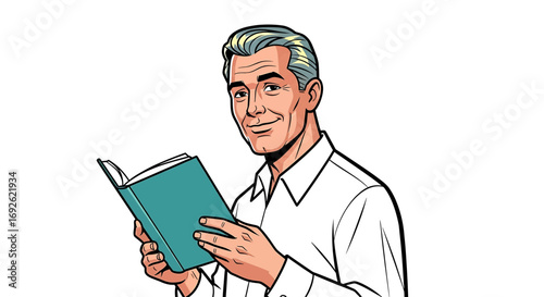A man with gray hair is reading a book he is wearing a white shirt and smiling