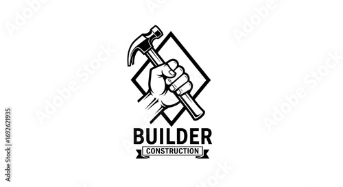 Hand holding hammer logo for construction, builder, handyman, repair, or renovation business vector illustration