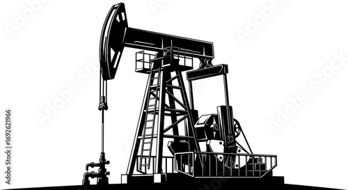 An oil pump jack pumping oil from the ground it is a black and white vector illustration