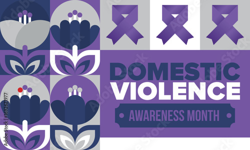Domestic Violence Awareness Month in October. Celebrate annual in United States. Awareness purple ribbon. Day of Unity. Prevention campaign. Stop women abuse. Poster, banner and background. Vector