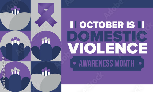Domestic Violence Awareness Month in October. Celebrate annual in United States. Awareness purple ribbon. Day of Unity. Prevention campaign. Stop women abuse. Poster, banner and background. Vector