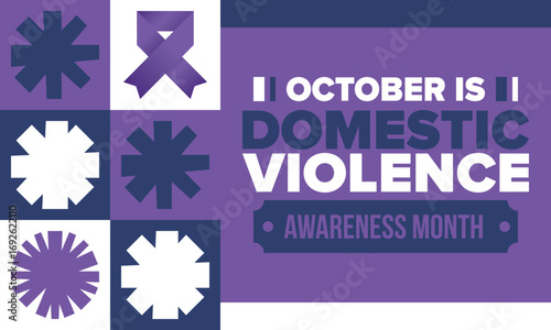 Domestic Violence Awareness Month in October. Celebrate annual in United States. Awareness purple ribbon. Day of Unity. Prevention campaign. Stop women abuse. Poster, banner and background. Vector