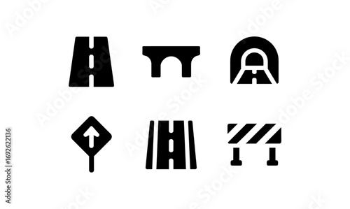 Minimalist transportation icons set featuring roads, bridges, and tunnels