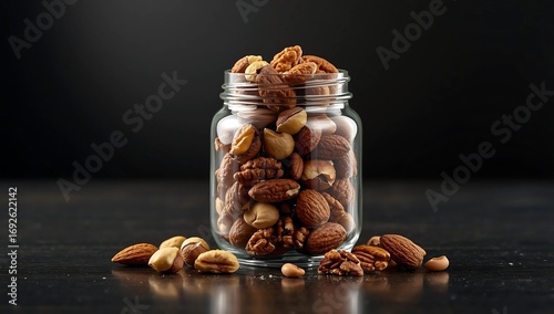 Glass jar filled with assorted mixed nuts