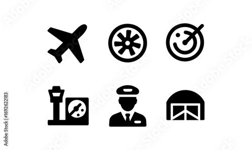 Aviation icons: airplane, pilot, control tower, hangar, propeller, radar symbols
