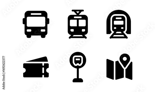 Minimalist transport icons set with bus, train, and map elements
