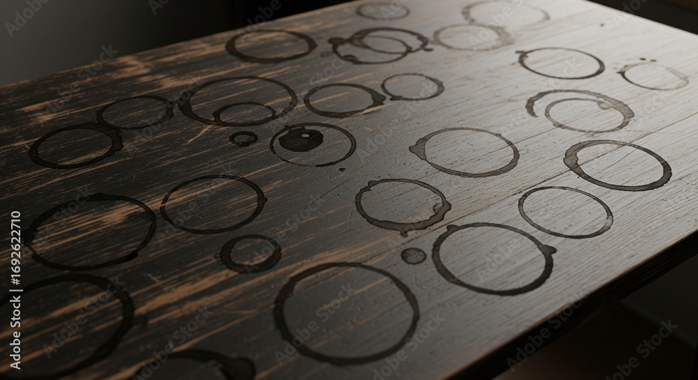 A dramatic, close-up, and high-angle shot of numerous dark, intricate coffee cup rings on a rustic, weathered dark wooden table