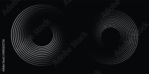 Modern abstract background. Halftone dots in circle form. Spiral logo, icon or design element. Black dots on a white background and white dots on the black side.