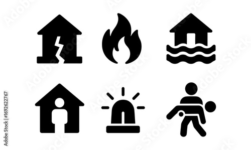 Emergency icons: disaster symbols for safety and awareness