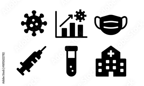 Covid-19 pandemic symbols: mask, virus, vaccine, hospital, graph, test