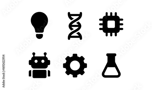 Minimalist technology icons: ai, dna, robotics, innovation in black silhouette design