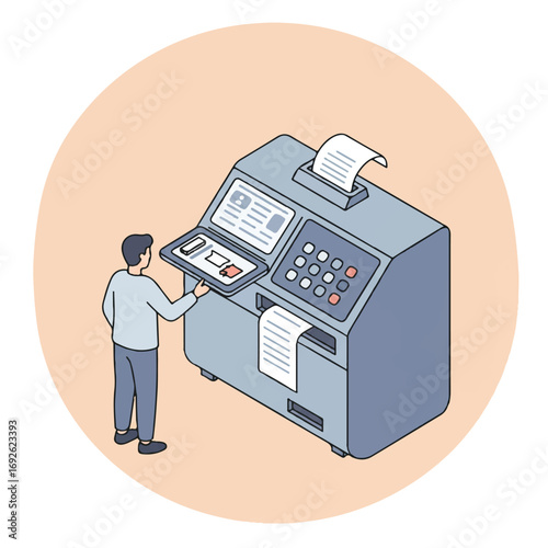 Isometric illustration of a man using a large vector payment processing machine with a neutral color palette against a beige background.