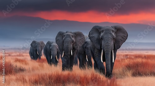 Majestic herd of elephants walking high resolution photo