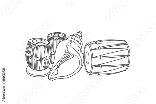 Illustration of a swag curtain with tied drapes in black and white outline style