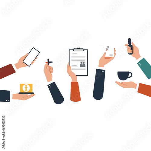 Flat lay of various hands holding devices, documents, and a coffee cup; illustrating vector payment and online transactions against a white background, conveying a