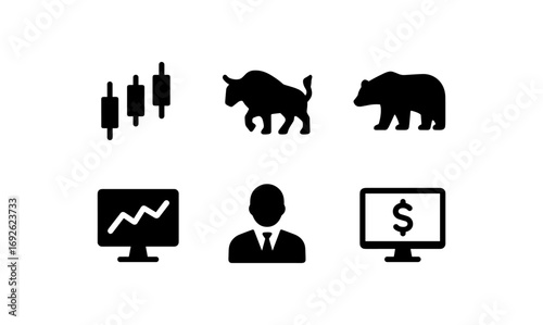 Finance and trading icons: bull, bear, stock candlestick, and market analysis