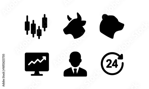 Financial market icons: bull, bear, arrow, chart, business and time symbols