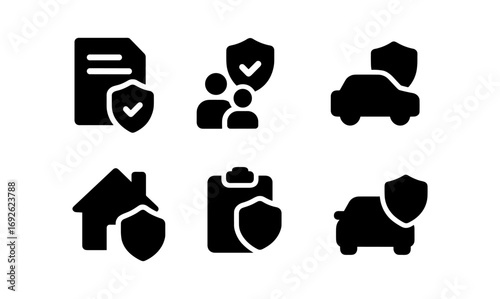 Essential insurance icons set: home, car, document, and health protection symbols