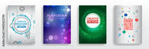 Futuristic brochure templates on digital, engineering, medical and innovation topics. Set of modern technology cover designs with gears, hexagons and diagrams.