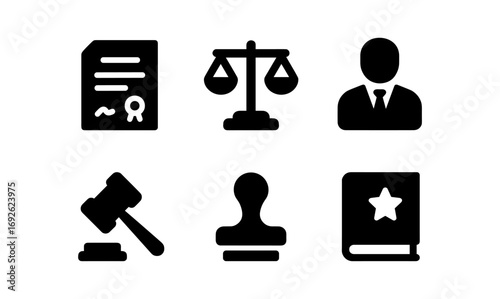Minimalist legal icons: contract, scales, judge, gavel, stamp, law book