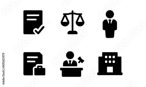 Business and justice icons: legal documents, scales, professional silhouettes, and courtroom symbols