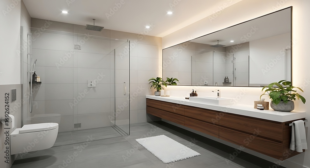 Fototapeta premium Modern Bathroom Design with Walk-in Shower and Large Mirror.