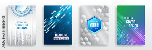 Collection of futuristic technology cover templates with hexagons, circuits, and abstract digital elements. Perfect for brochures, reports, flyers, and modern presentations.
