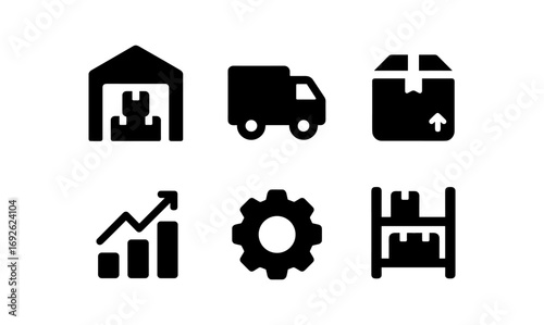 Warehouse and logistics icons set featuring silhouettes of delivery truck, package, gear, and more