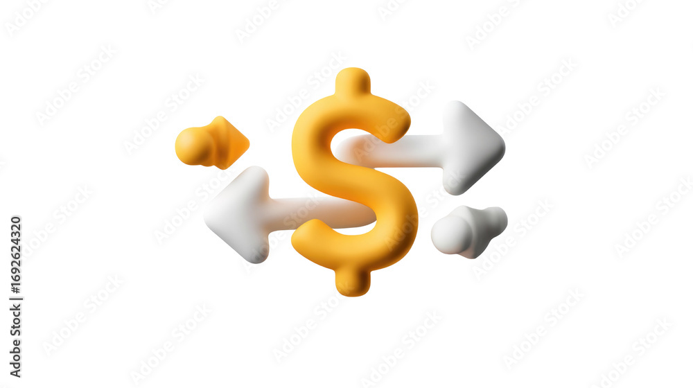 Obraz premium Financial Flow: A vibrant graphic showcasing the dynamic movement of money with a gold dollar sign at the center, complemented by arrows indicating circulation and transactions.