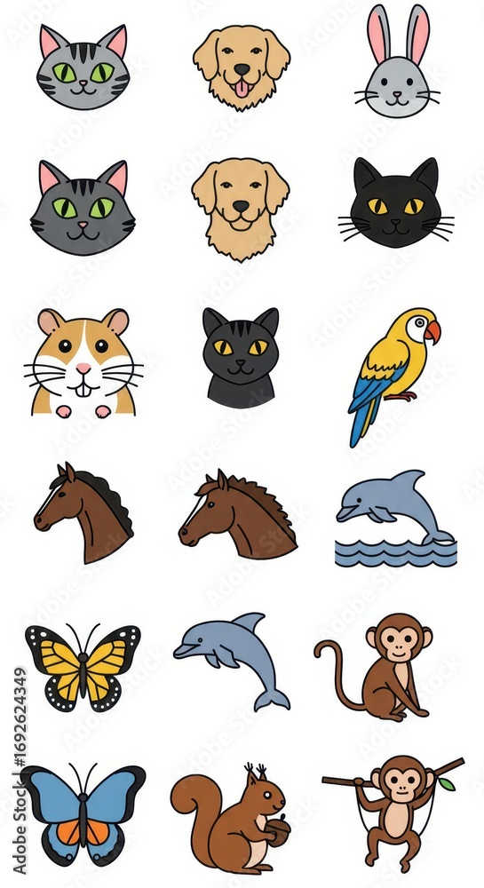 Obraz premium Cute, colorful line art illustrations of various animal heads and full figures against a simple white background. The friendly, cartoonish style creates a cheerful and playful atmosphere.