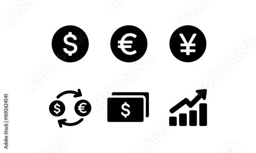 Currency symbols and financial icons: dollar, euro, yen in minimalist style