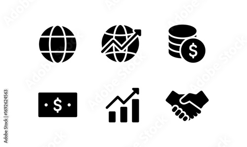Finance and global market silhouette icons for business analytics