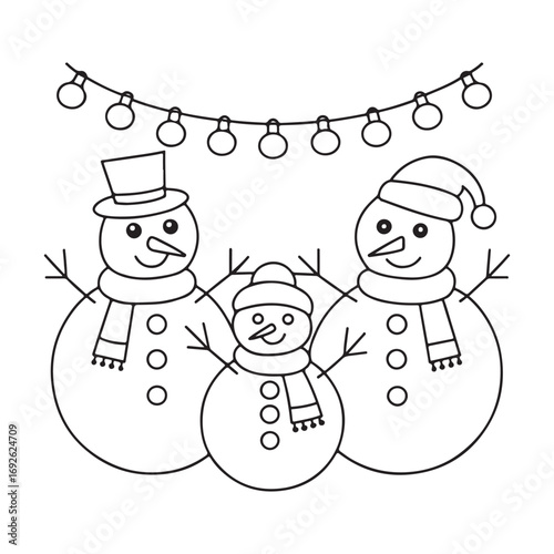 A family of three snowmen with scarves and a snowman wearing a top hat under string lights cartoon christmas