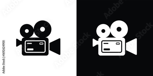 Old Movie Camera with Reel Icon with White and Black Color isolated on Transparent