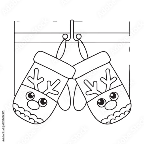 Pair of cartoon mittens with reindeer faces hanging on a line gloves winter